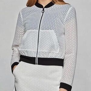 BCBGMAXAZRIA Geometric Mesh Bomber Jacket Black Trim Zip Front Women's L